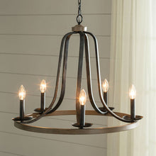 Load image into Gallery viewer, Rustic 5 Light Dimmable Farm Home Circle Metal Chandelier Oak Finish
