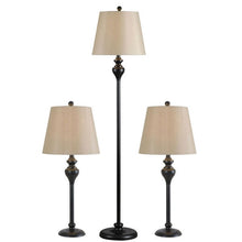 Load image into Gallery viewer, 3-Piece Floor Lamp and Table Desk Lamp Set in Black with Light Gold Drum Shades
